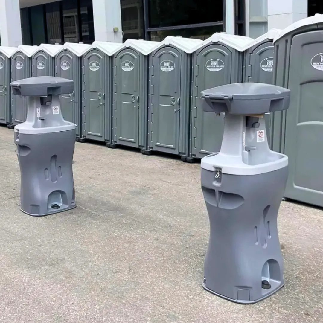 Portable restrooms with hand wash stations